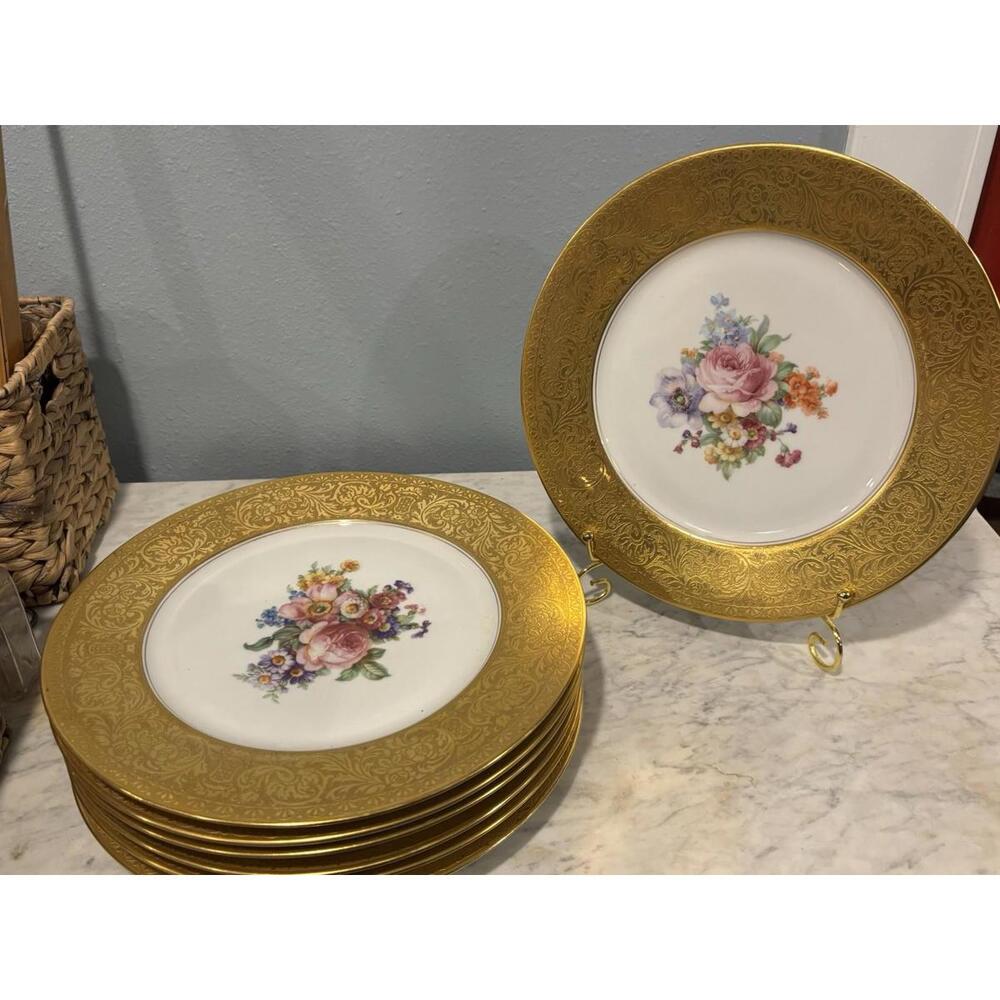 Set of 10 Antique Union T Floral Gold Rimmed 11" Plates Czechoslovakia 1920s